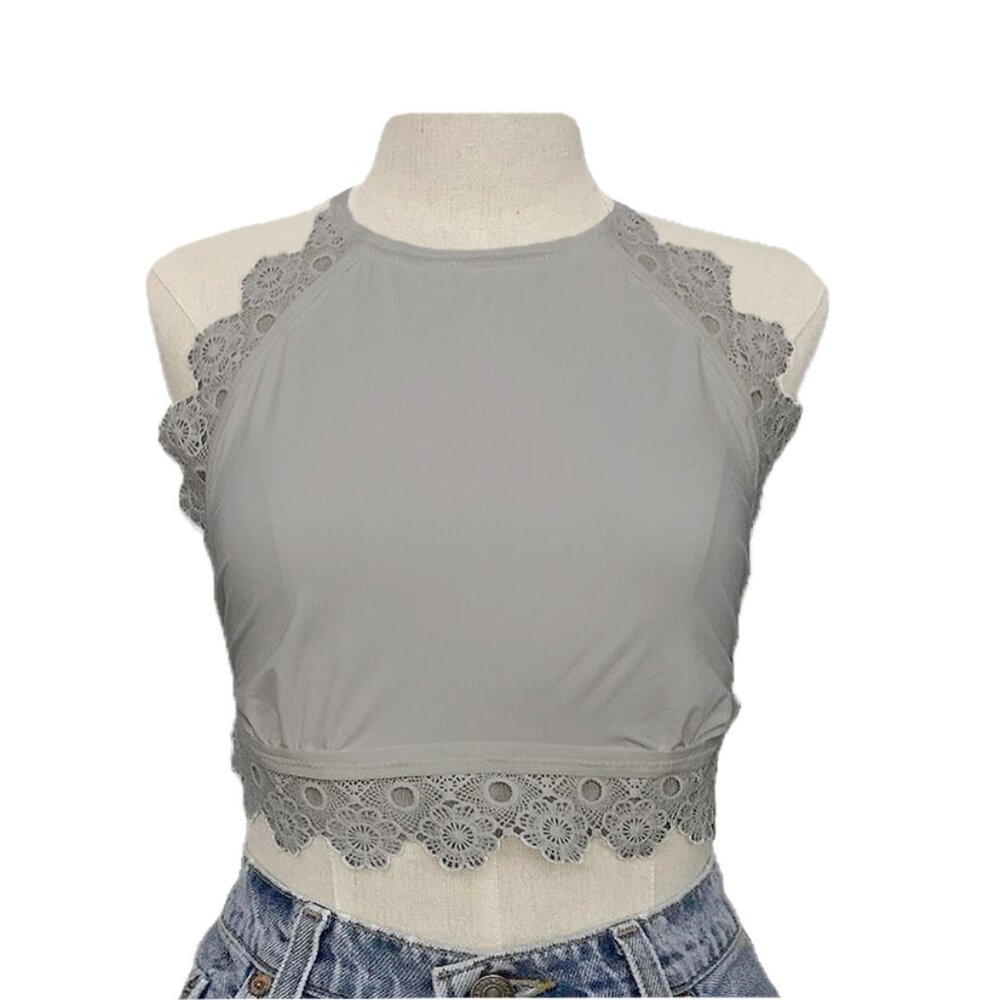 aerie | sheer floral scallop crochet lace halter racerback crop bralette | sz l